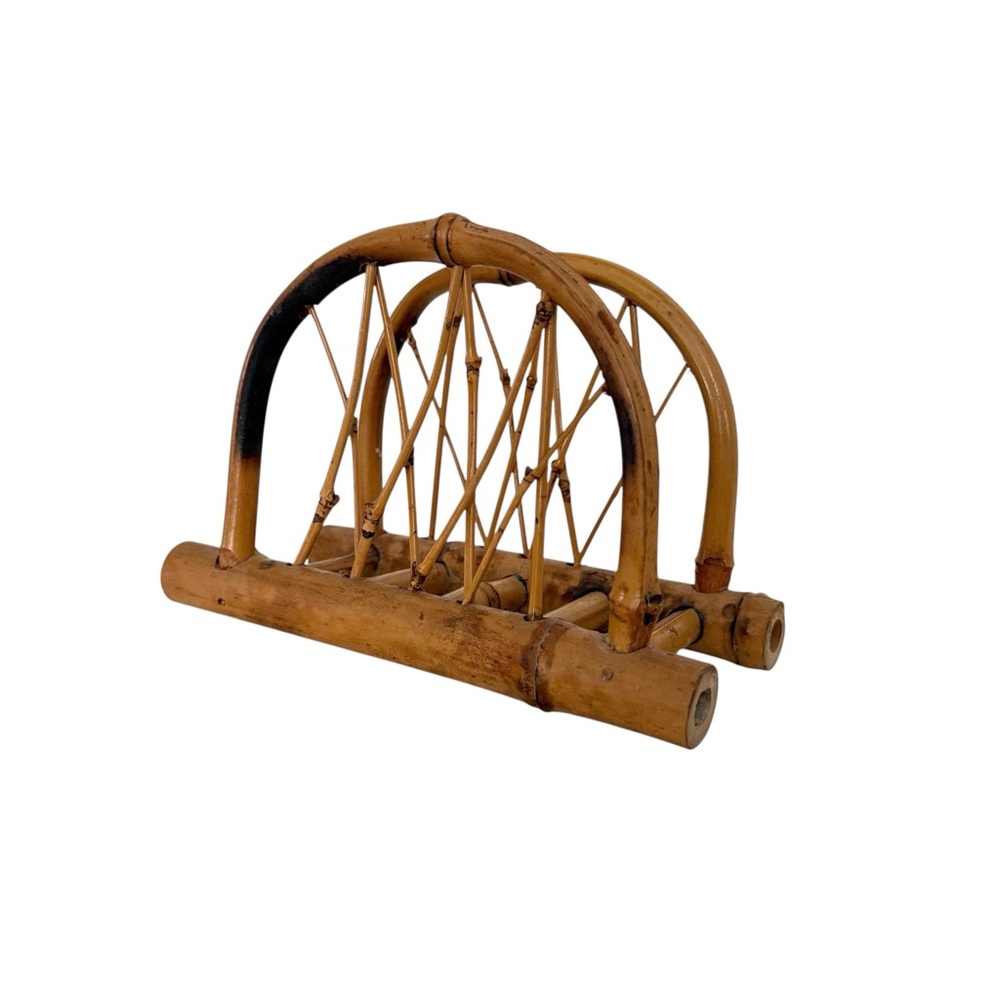 Vintage Bamboo MCM Coastal Boho Tropical Arched Napkin Mail Storage Holder Rack